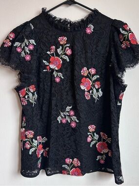 Rebecca Taylor Short Sleeve Floral Embroidered Lace Top Size 8 Black Romantic